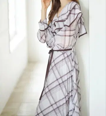 tocco closet 허리 리본 포함 빅 칼라 체크 플리츠 원피스