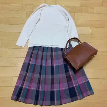 어반 리서치 도어스 퍼플 체크 플리츠 롱 스커트