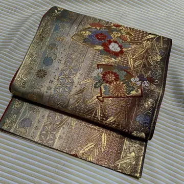 후쿠로 오비 꽃무늬 부채 디자인 골드 컬러