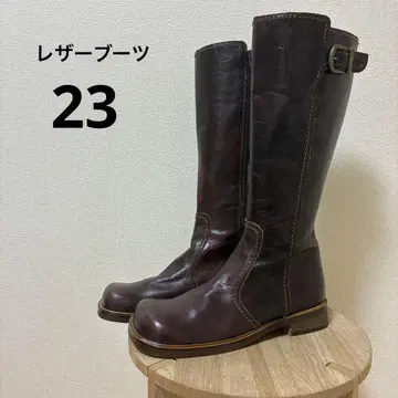 가죽 부츠 23cm 롱 버클 낮은 힐 가을/겨울 보르도 브라운