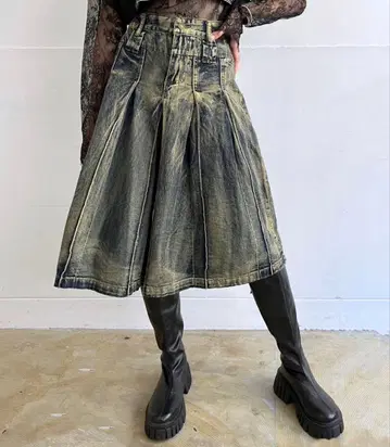 핀턱 플리츠 미들 데님 스커트