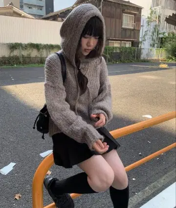 anyonemore 에니원모어 울 혼방 후드 부착 루즈 니트 그레이 F