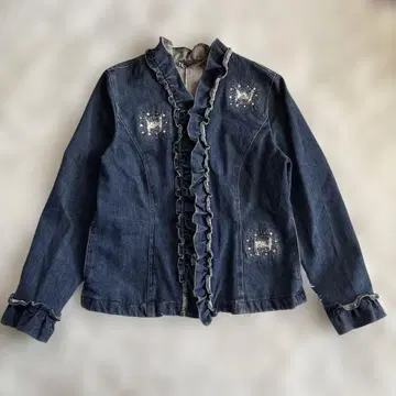 Leilian 프릴 장식 다크 블루 데님 자켓