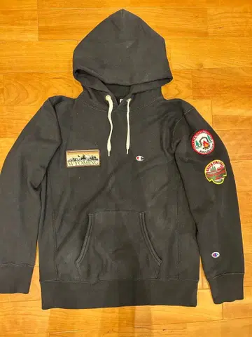 Champion 블랙 후드 부착 후드티 캠핑 패치 부착