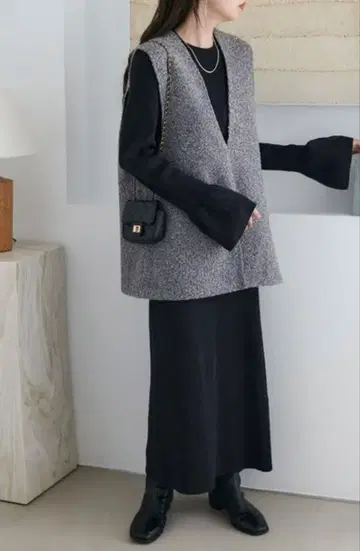 DISCOAT 베스트 부착 리브 니트 셋업