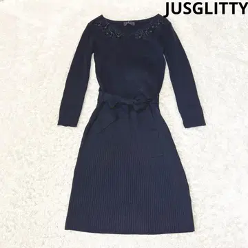 저스길리티 리브 니트 꽃무늬 자수 원피스 네이비 리본 벨트