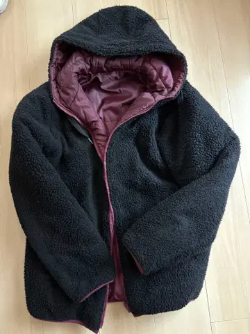 플리스 패딩 자켓 후드 부착 블랙 와인 레드