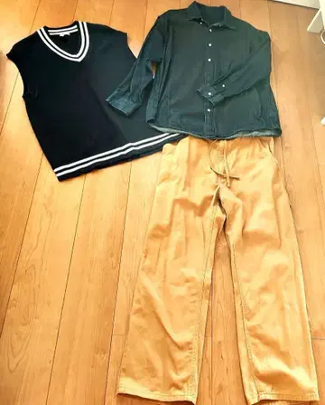 블랙 니트 데님 셔츠 베이지 팬츠 3종 세트