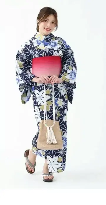 미사용 새상품 꽃무늬 유카타 파란색