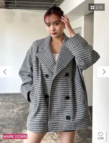 EMODA 미디 더블 코트 라이트 믹스 하운드투스 체크 패턴