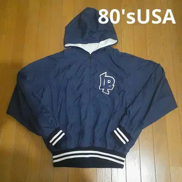 [ 80'sUSA ] 후드 부착 하프 지퍼 바시티 자켓 네이비