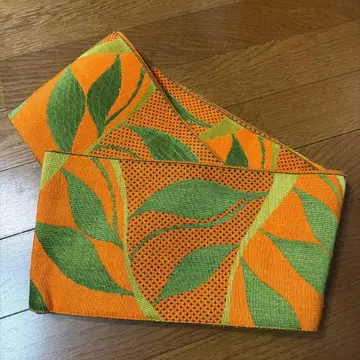 오렌지와 그린 잎 무늬 반폭 오비