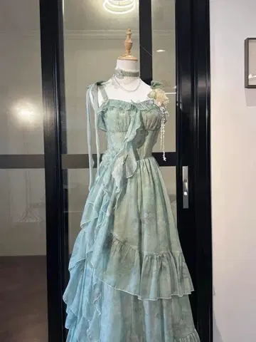 민트 그린 프릴 슬리브리스 롱 원피스