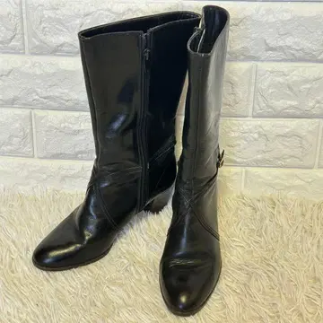 [ 일본제 ] 천연 가죽 미들 기장 부츠 23cm 청키힐 블랙