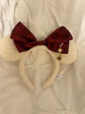 미키 귀 머리띠 체크 무늬 리본 포함