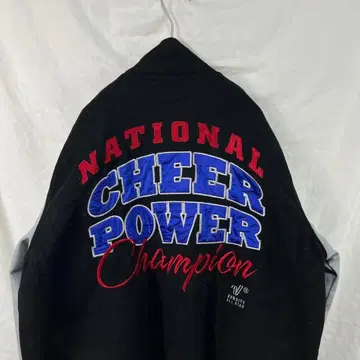 90s cheer power 소매 인조 가죽 바시티 자켓 자수