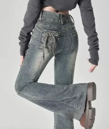 FUNdaysion 백 포켓 레이스업 플레어 데님 팬츠 블루