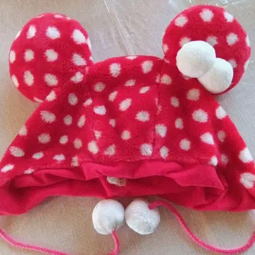 미키 귀 달린 빨간색 도트 플리스 모자