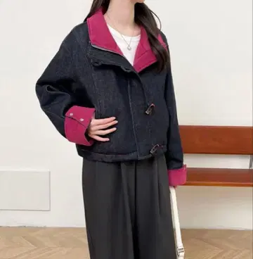 [택 포함 새상품] 아비도쿄 배색 컬러 데님 다운 자켓 핑크