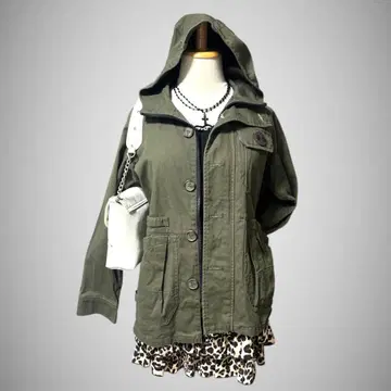 후드 부착 밀리터리 자켓 Y2K 헤이세이 갸루 그런지 기믹 카키