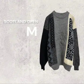 스코틀랜드 니트 스웨터 긴팔 올 패턴 울 바이컬러 패치워크