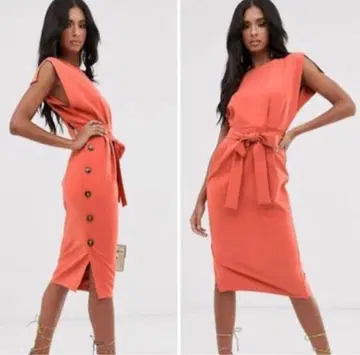 오렌지 허리 리본 무릎 기장 원피스