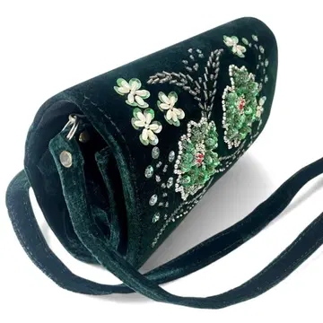 비즈 자수 벨로아 숄더백 그린 꽃무늬 거울 포함 파티