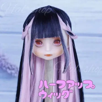 세리아 인형 가발 핑크 x 블랙 하프 업 5.5인치