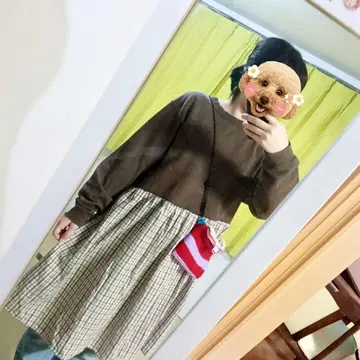 브라운 체크 긴팔 원피스 구제 의류 리메이크