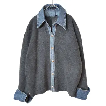 M-L 빈티지풍 데님 사용 니트 가디건 여성용/차콜