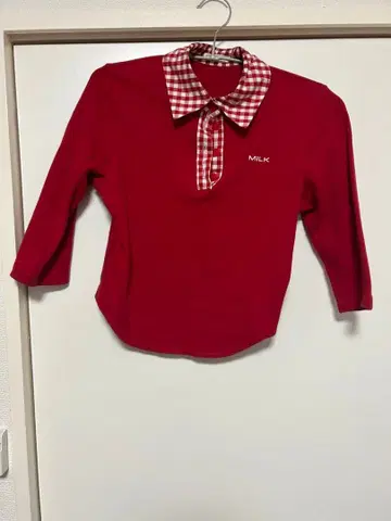MILK 체크 옷깃 레드 오부 소매 상의