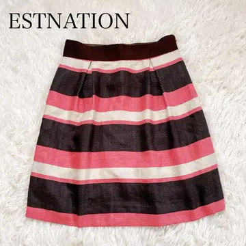 에스트네이션 플레어 스커트 미니 기장 보더 38 핑크 블랙