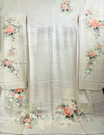 실크제 화이트 후리소데 꽃무늬