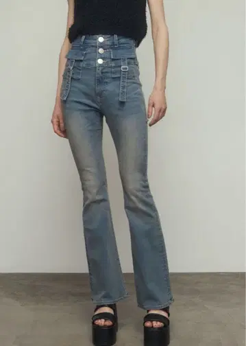 카고 디테일 하이웨스트 플레어 팬츠 플레어 데님