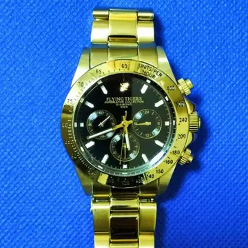 FLYING TIGERS 크로노그래프 손목시계 골드 새 배터리