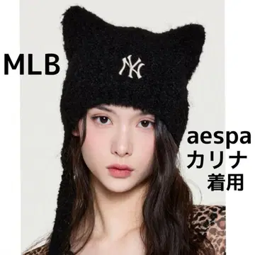 한국 MLB korea 고양이 귀 니트 모자 끈 포함 블랙