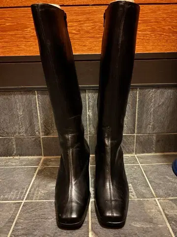 블랙 가죽 롱 부츠