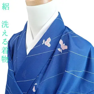 와53 워셔블 기모노 명주 여름 꽃 파랑 화학 섬유 기장165