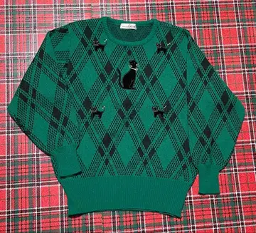 레트로 그린 아가일 검은 고양이 스웨터 구제 의류