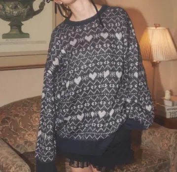 Lovilyn 하트 노르딕 무늬 반짝이 니트 원피스 네이비