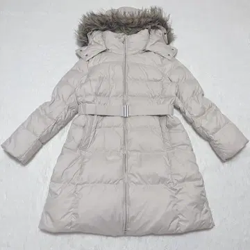 베이지 후드 부착 롱 다운 자켓