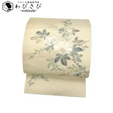 나고야 오비 흰 꽃 무늬 자수 은사 새알색 O-3770