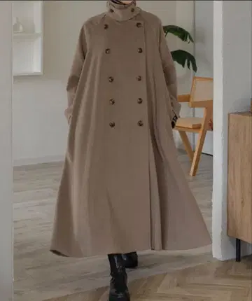 RANCLIC 베이지 더블 브레스트 텐트 라인 롱 코트