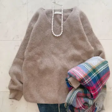 컨디션 최상 라운지 드레스 캐시미어 100% 꽈배기 V넥 니트 브라운