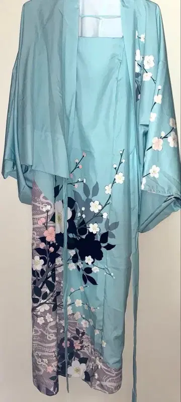 스카이블루 벚꽃 패턴 유카타 폴리에스테르 미사용 새상품