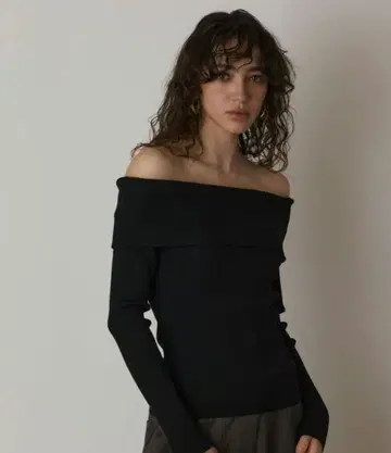 택 포함 오프숄더 리브 니트 탑