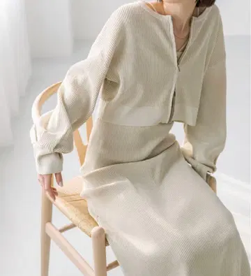 mystic 배색 리브 베어 원피스 세트 아이보리 사이즈 2