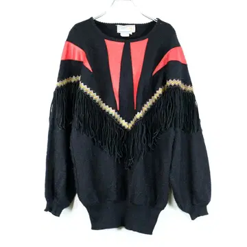 1970s 빈티지 가죽 패치워크 프린지 디자인 니트 스웨터