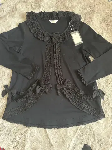 미사용 핑크하우스 프릴 리본 포함 블랙 긴팔