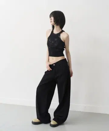 유누맨션 UNISEX 백 버튼 포인트 와이드 데님 팬츠 L 사이즈